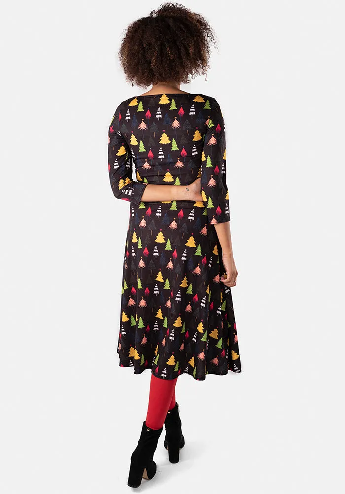 Alpine Colourful Christmas Tree Print Midi Dress