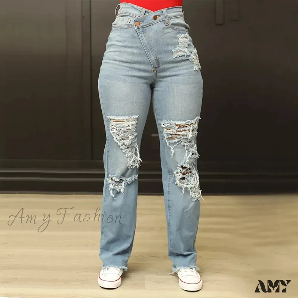 Amy Fashion - Irregular Waist Straight Leg High Street Loose Ripped Holes Casual Fashion Stretchy Jean
