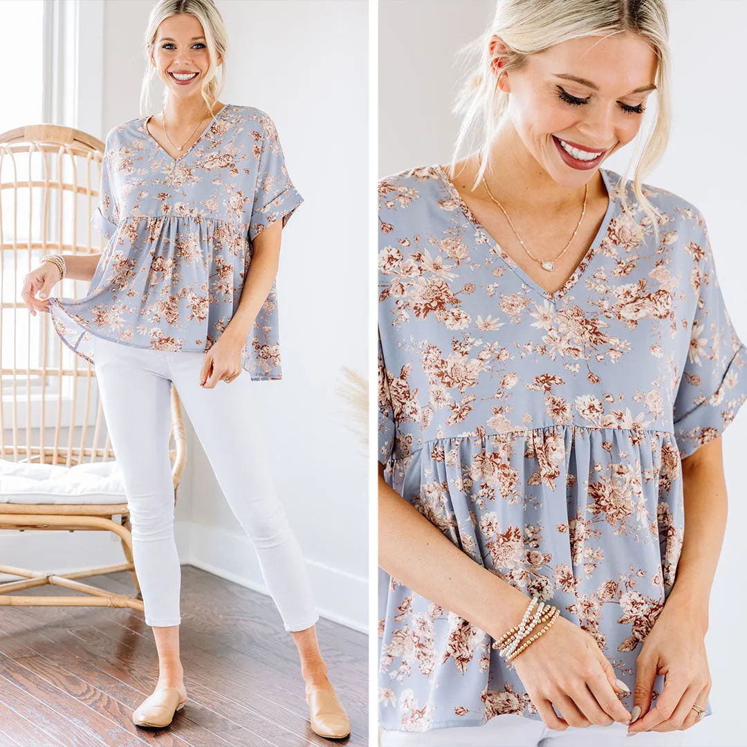 At This Level Blue Floral Babydoll Top