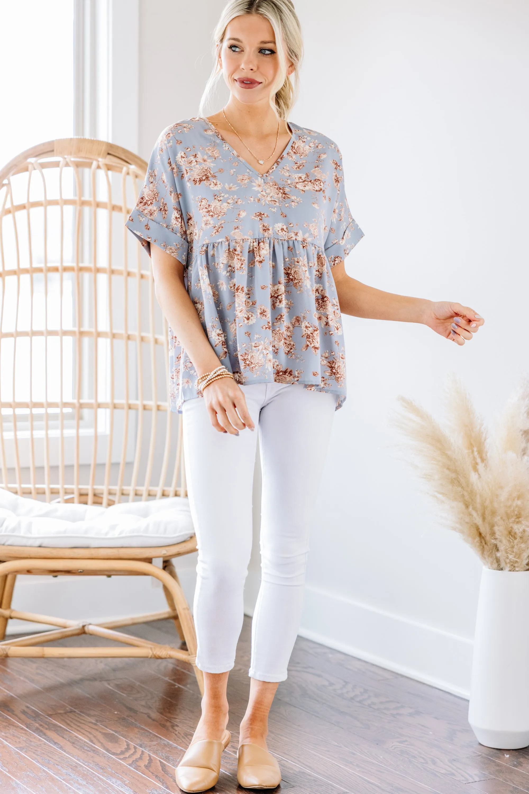 At This Level Blue Floral Babydoll Top