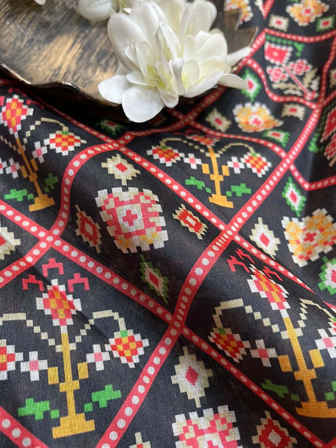 Black Digital Printed Patola Design Tussar Silk Fabric ( 1 Mtr )