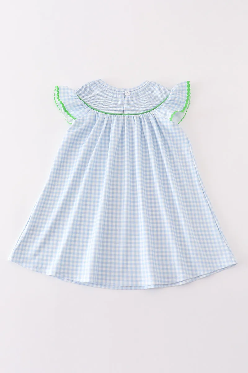 Blue christmas tree french knot smocked dress