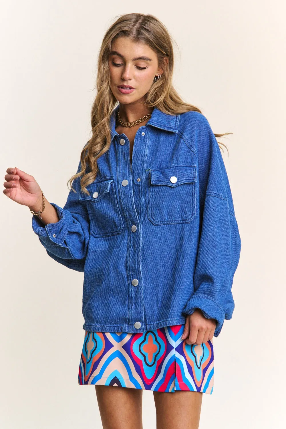 Blue Zone Planet |  J.NNA Snap Down Long Sleeve Denim Shacket