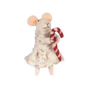 Felt Mouse Holding Candy Cane Ornament