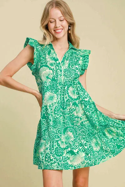 Printed Ruffle Cap Sleeve Babydoll Dress in Green