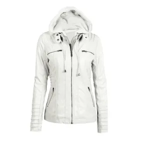 Sidiou Group Women's Faux Leather Hooded Jacket Zippered Hoodie Short Slim Jacket Coat