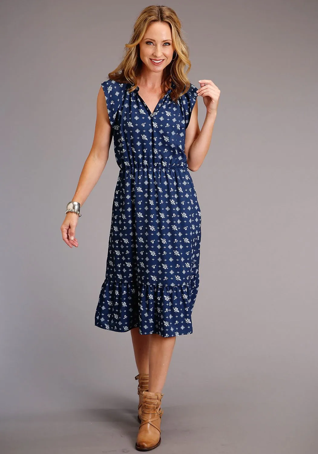 Stetson Womens Blue Rayon/Nylon Vintage Ditzy S/L Dress L